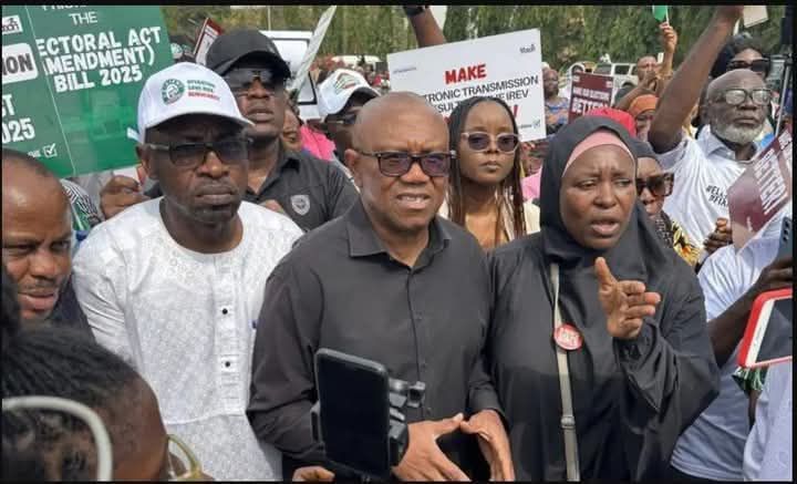 Peter Obi joins protesters demanding Electoral Act amendment to mandate real-time electronic transmi...