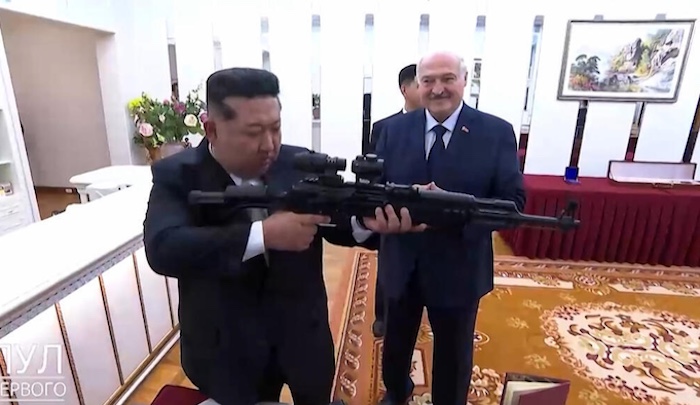 Belarusian President Lukashenko has gifted North Korean leader Kim with a rifle as they signed a fri...