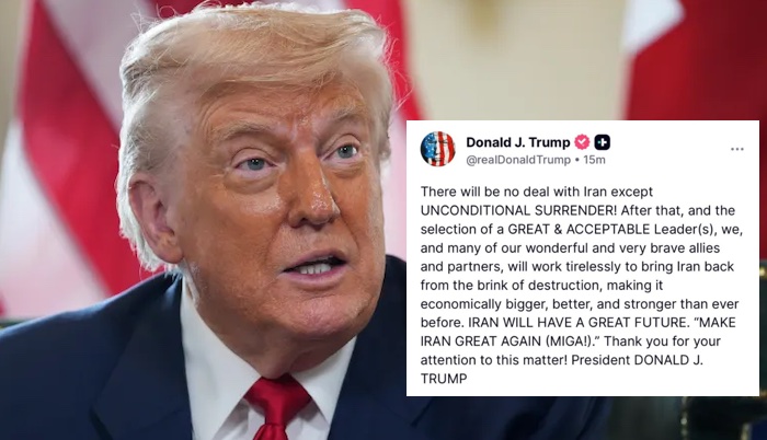 Donald Trump declares no agreement with Iran unless it accepts unconditional surrender promising eco...
