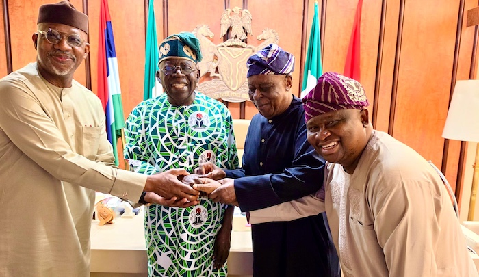 Ogun Governor Abiodun, Former Governor Osoba present APC governorship candidate Yayi Adeola to Tinub...