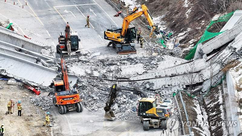 Three workers died after a construction site collapsed in South Korea during a safety inspection, of...