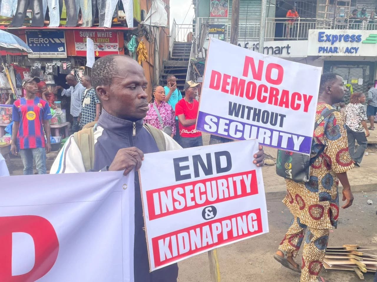 Abuja residents march against insecurity, rising kidnappings and economic hardship, demanding urgent...