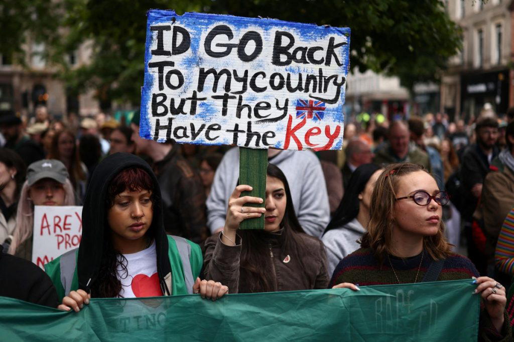 Thousands of people on Saturday gathered for an anti-racism rally in the Northern Irish city of Belf...