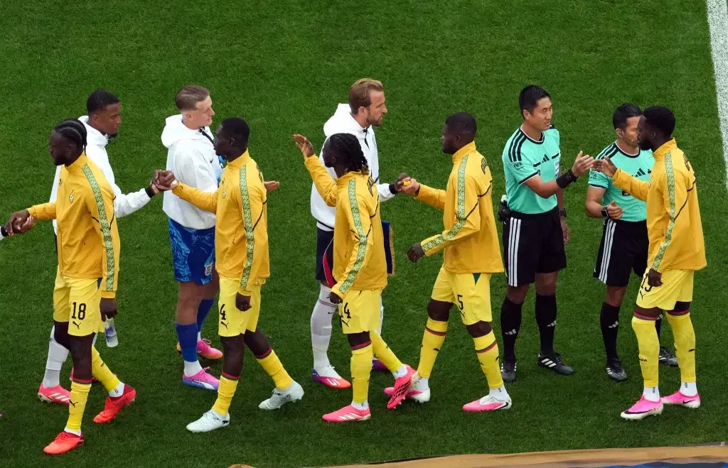Djed Spence appeared to bypass Thomas Partey during the pre-match handshakes ahead of England’s Worl...