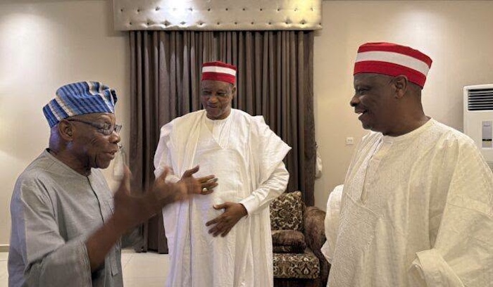 Former President Olusegun Obasanjo meets Senator Rabiu Musa Kwankwaso in Kano as political observers...