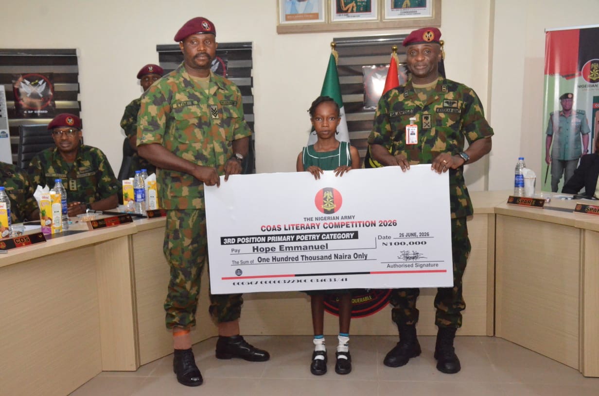 The Chief of Army Staff Waidi Shaibu presented cash prizes to outstanding winners of the 2026 litera...