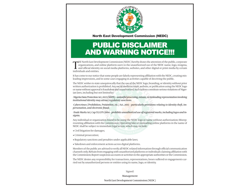 The North East Development Commission (NEDC) hereby draws the attention of the public, corporate org...