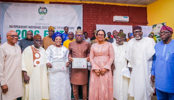Re-elected Ekiti Governor Biodun Oyebanji and Deputy Monisade Afuye receive INEC certificates, pledg...