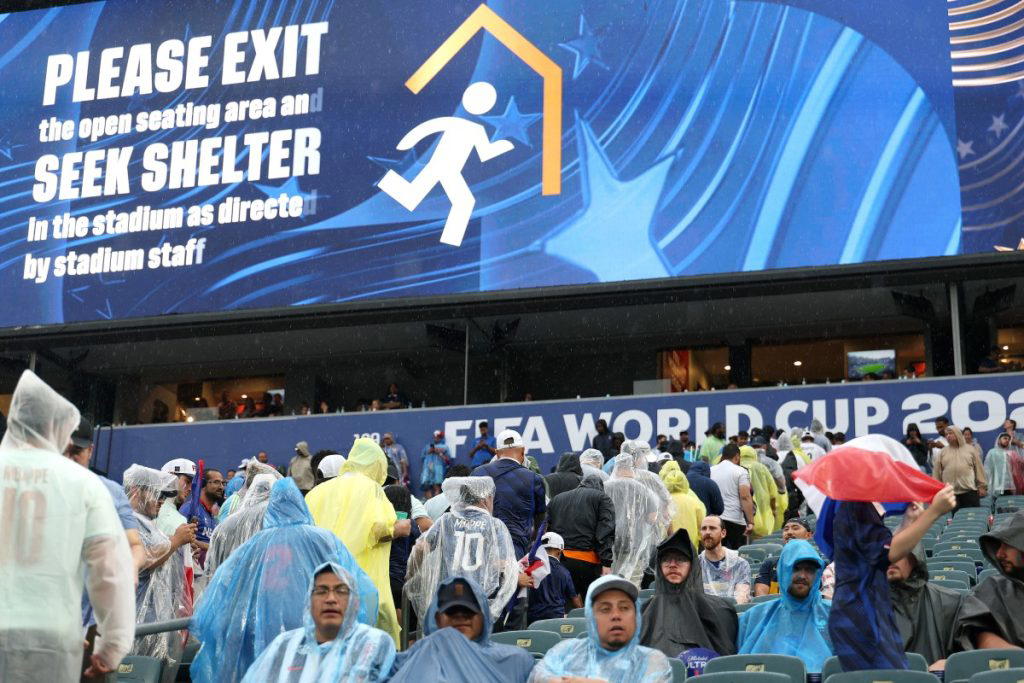 The World Cup match between France and Iraq was suspended at half-time on Monday due to a severe wea...