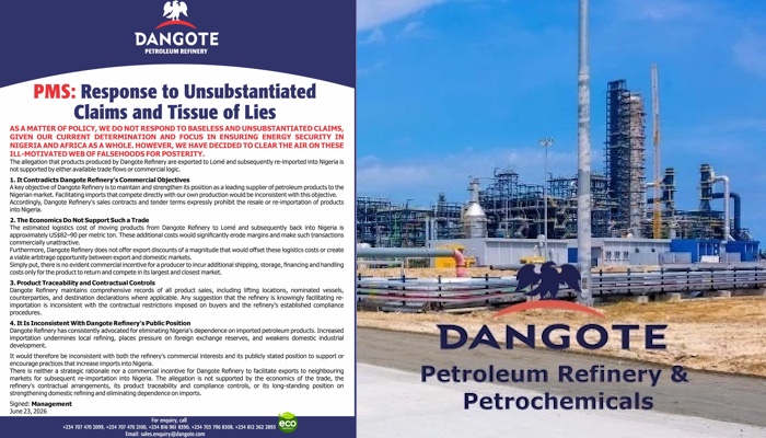 Dangote Refinery rejects fuel re-import allegations, insisting claims lack commercial logic and cont...