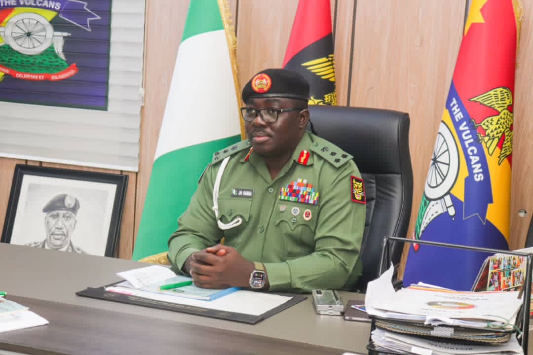 Brig. Gen. Jibril Garba takes command of the 32 Artillery Brigade as Brig. Gen. Justin Ifeanyi hands...
