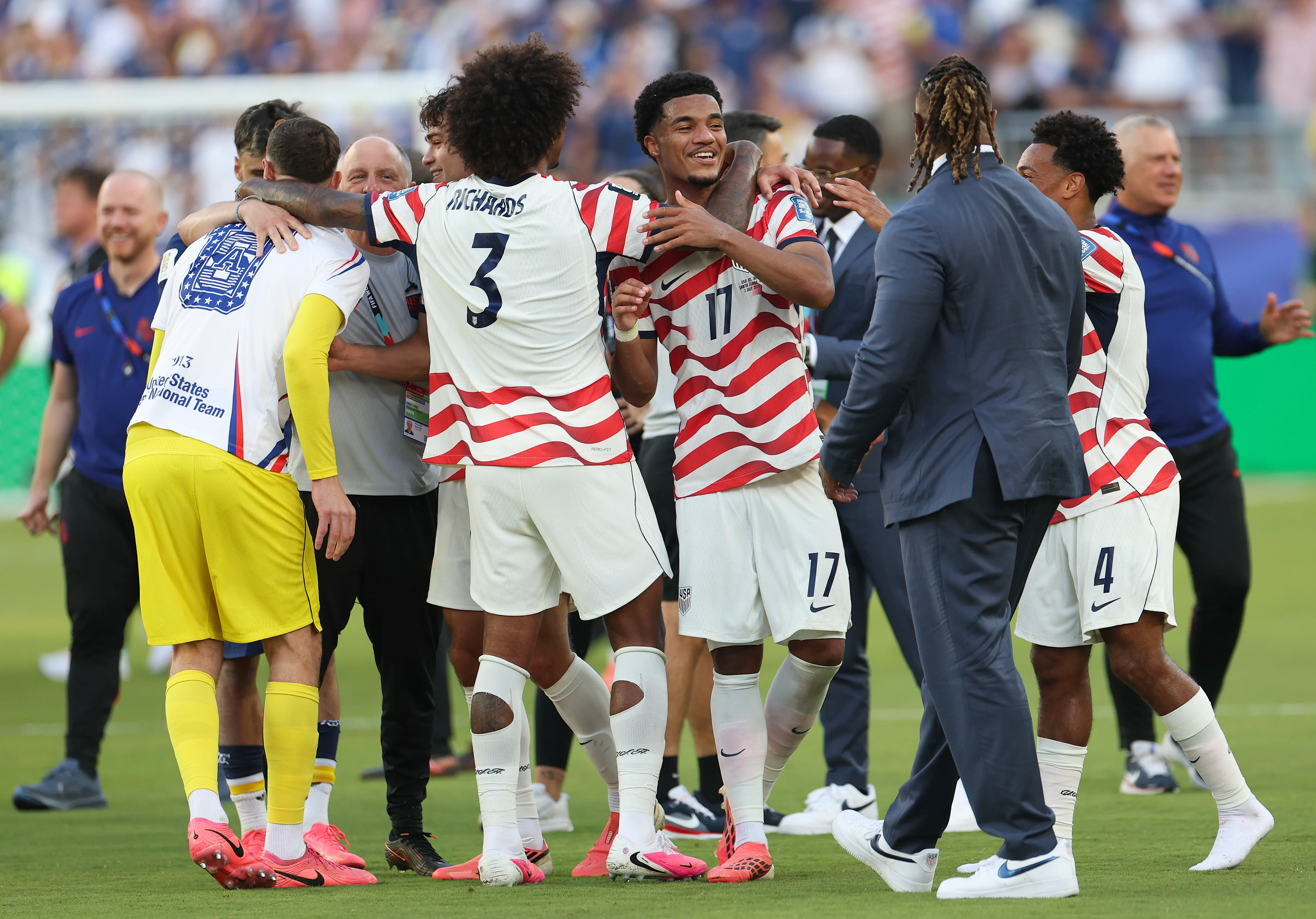 Folarin Balogun scores before being sent off as the US beat Bosnia-Herzegovina 2-0 to set up a Belgi...
