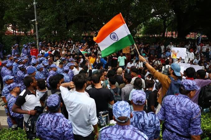 Thousands gathered in New Delhi despite authorities refusing permission for the planned march.
Sour...