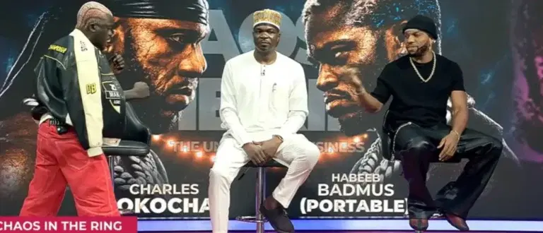 Nigerian singer Habeeb Okikiola, popularly known as Portable, and Nollywood actor Charles Okocha eng...