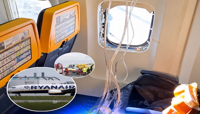 Ryanair passenger suffers injuries after being partially sucked out of a window during a mid-air eme...