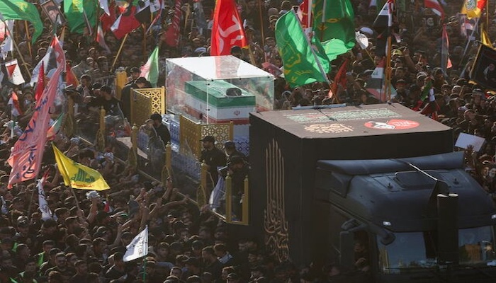 Thousands gathered in Iraq’s holy city of Najaf as mourners escorted Ayatollah Ali Khamenei’s coffin...