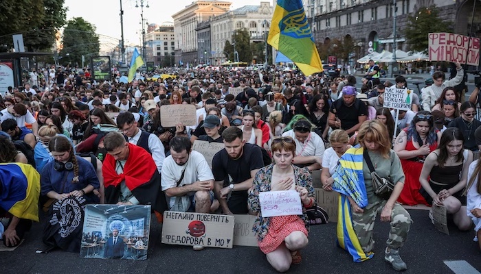 Thousands rally in Kyiv, demanding President Zelenskiy reinstate dismissed Defence Minister Mykhailo...
