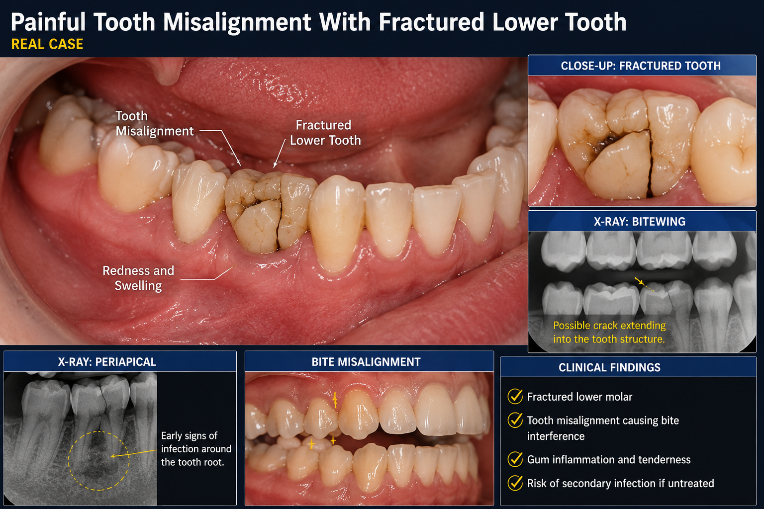 Image: Severity: CriticalTeeth Problems: MalocclusionA fractured lower tooth combined with tooth mis...
