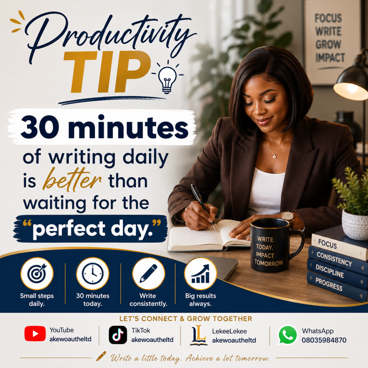 Productivity Tip
30 minutes of writing daily is better than waiting for the “perfect day.”
