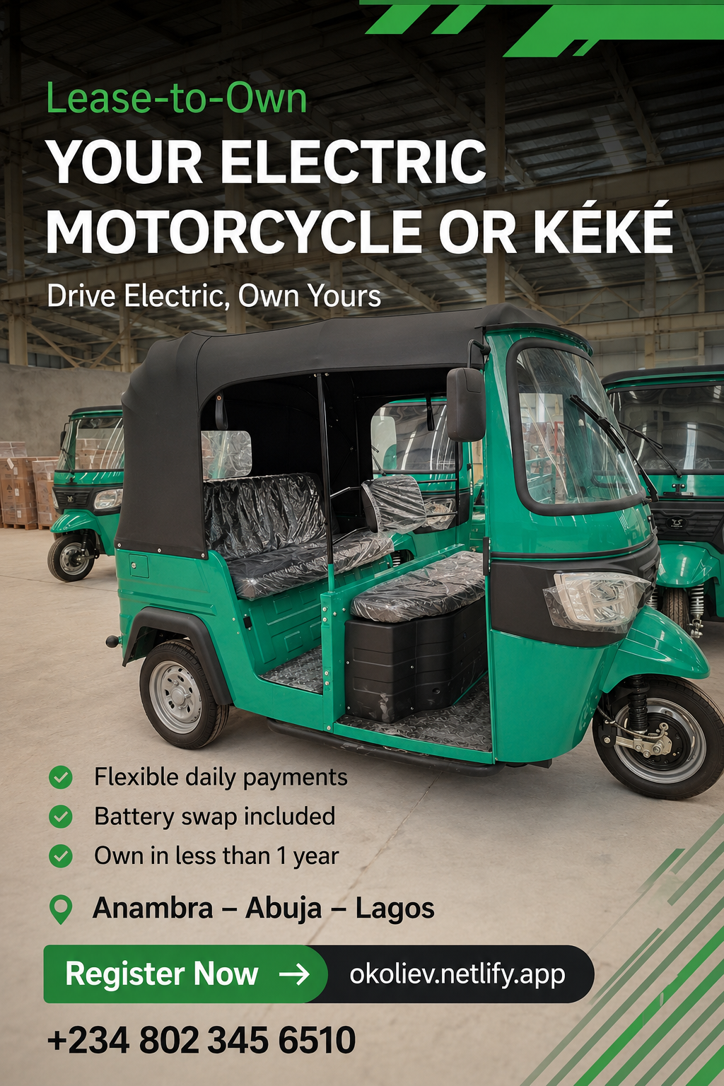 Register for lease-to-own Electric motorcycles and electric tricycles.
https://okoliev.netlify.app