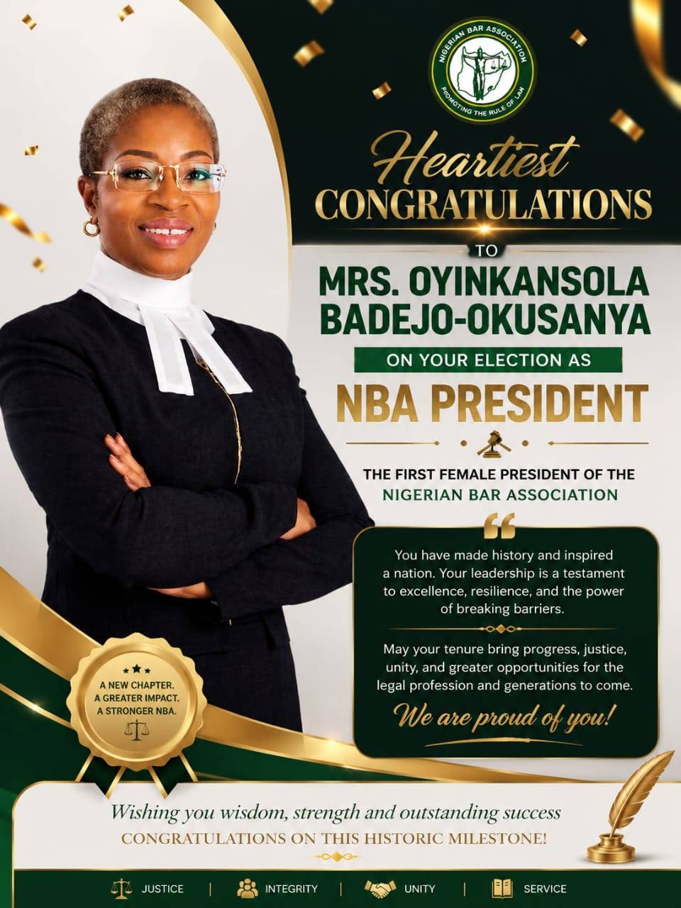 Congratulations to Mrs. Oyinkansola Badejo Okusanya on making history as the second female President...