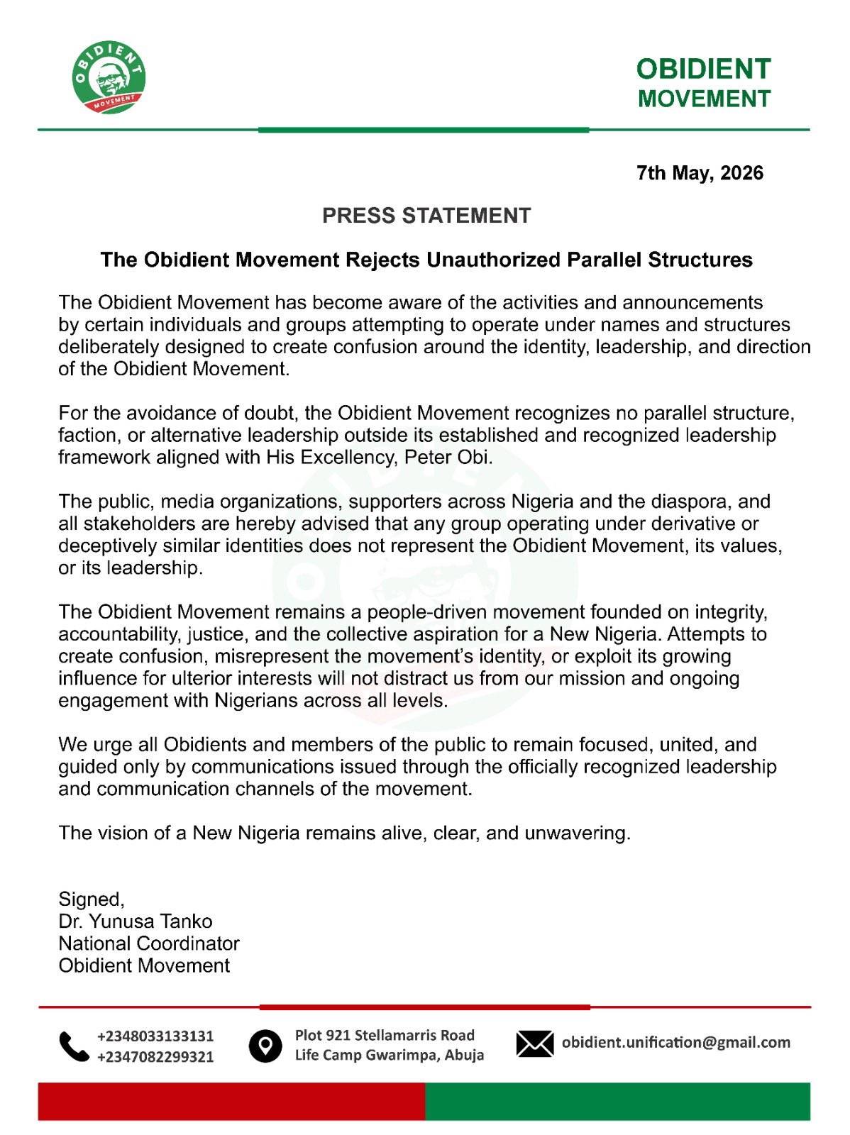 PRESS STATEMENT
The Obidient Movement Rejects Unauthorized Parallel Structures