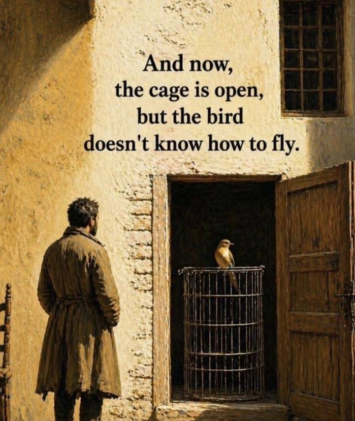 *"And now, the cage is open, but the bird doesn't know how to fly."*
The wisdom here is about the d...