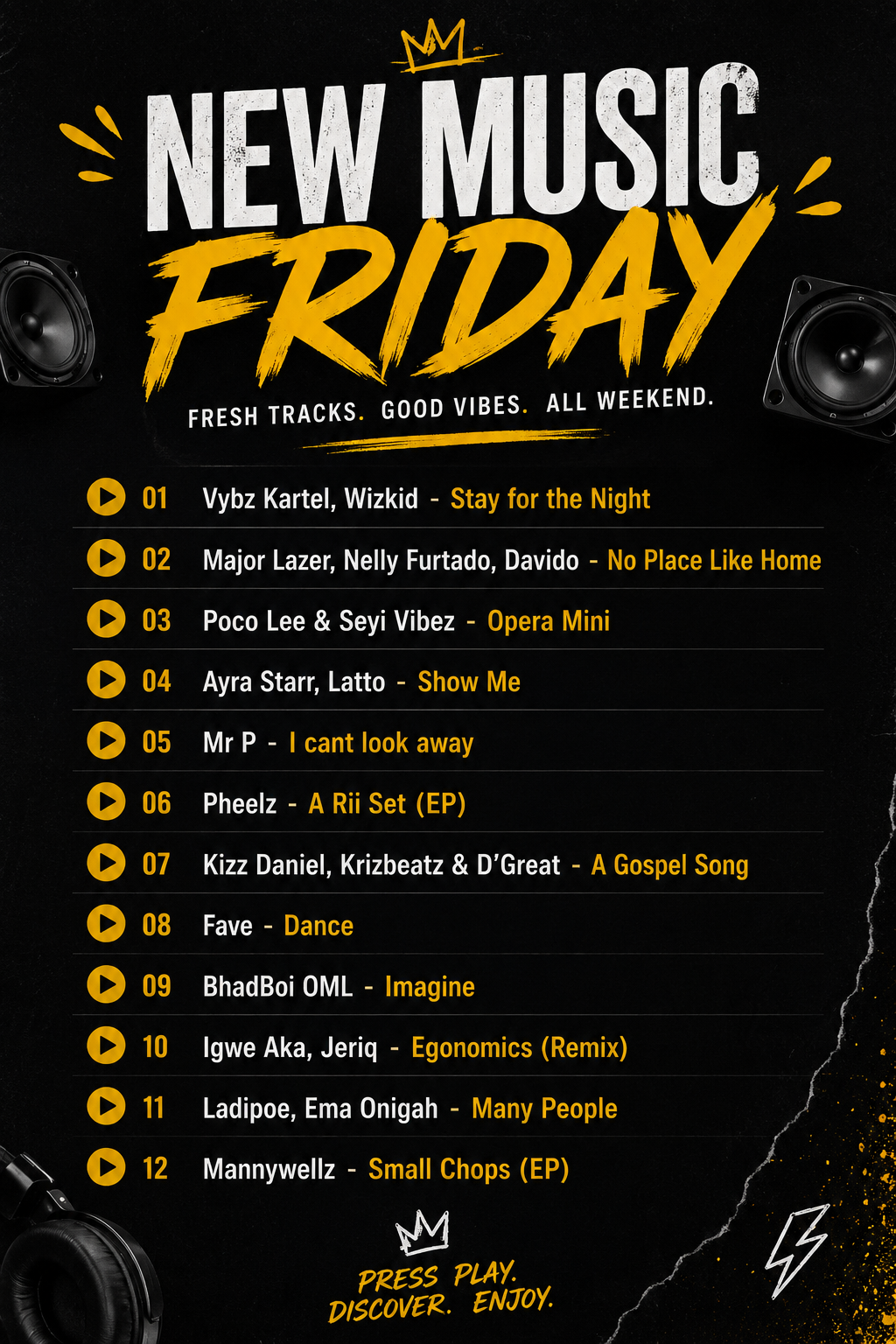 NEW MUSIC FRIDAY
Your weekend soundtrack is here
Wizkid, Davido, Ayra Star, Seyi Vibez, Kizz Danie...