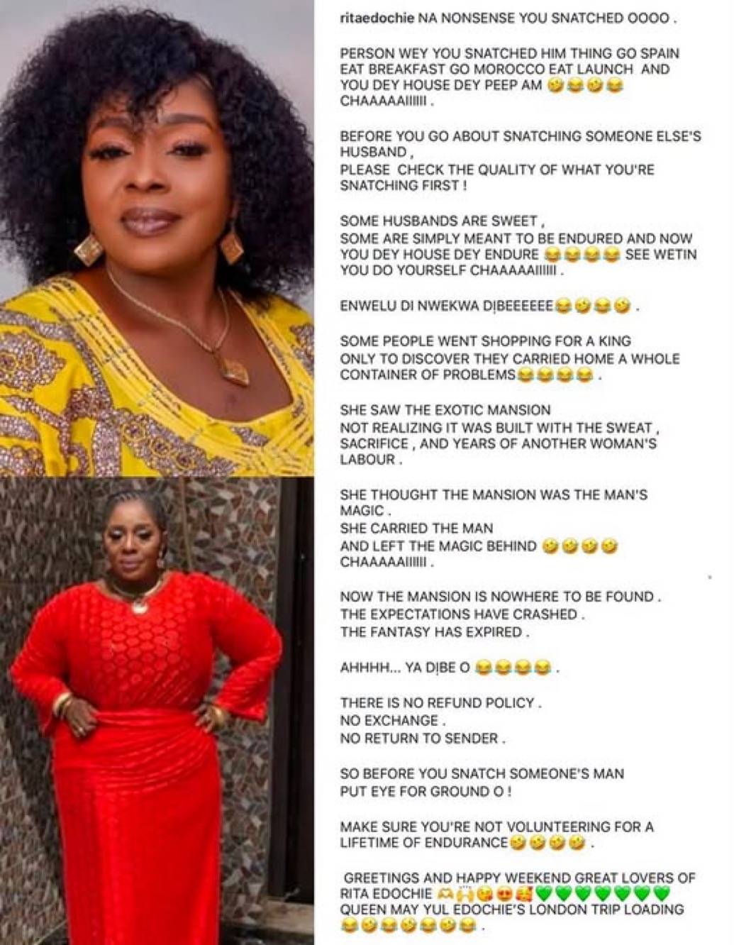 Rita Edochie with the heavy shade 😂
“Before snatching another woman’s husband, make sure you inspec...