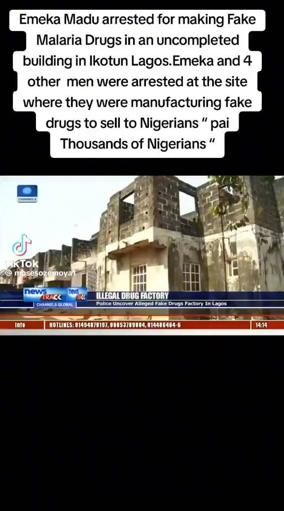 Man arrested for producing fake malaria drugs in Ikotun, Lagos State.
Make the police just go kpai...