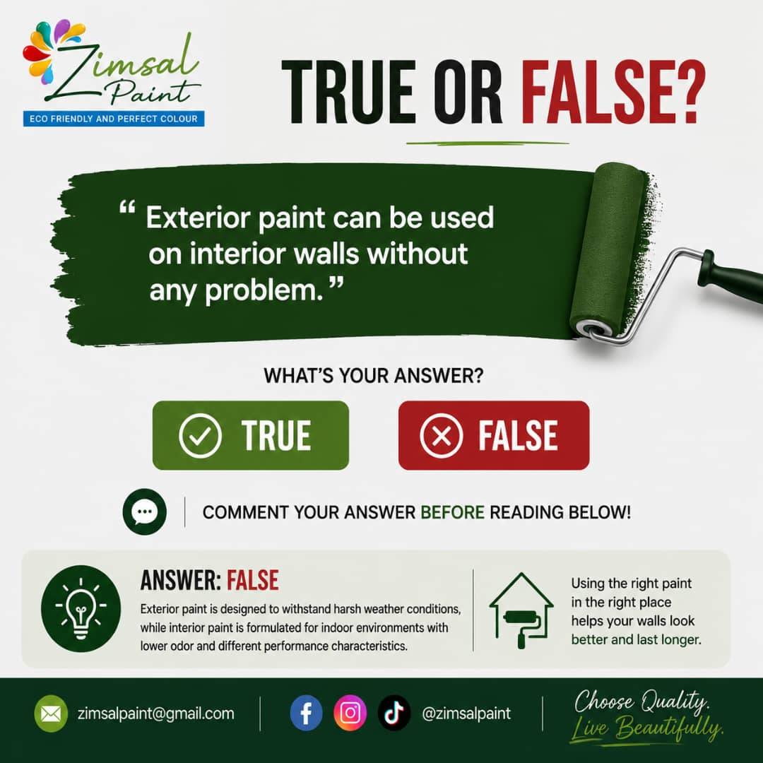 True or False? ๐ค
"Exterior paint can be used on interior walls without any problem."
What's your a...