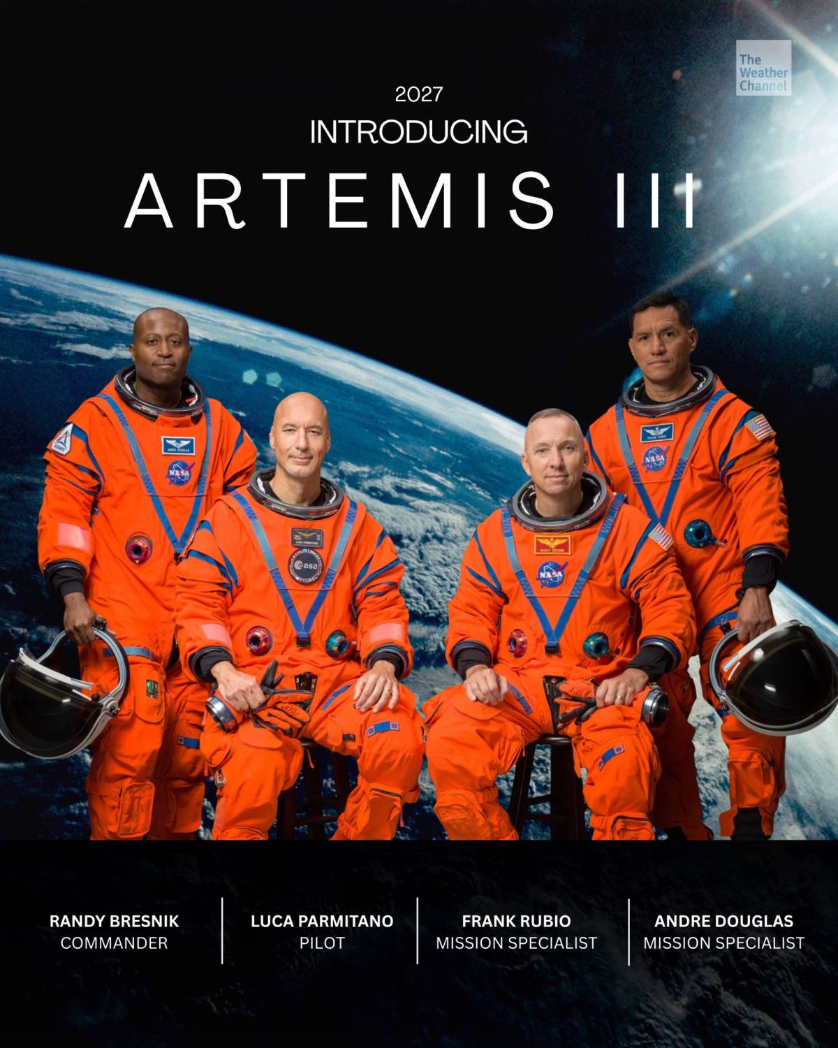 Meet the Artemis III crew ๐งโ๐๐
Scheduled for launch in mid-2027, NASA's Artemis III mission will...