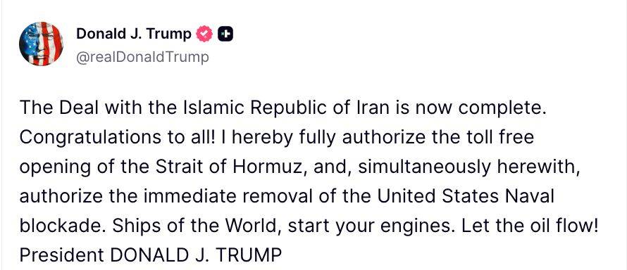 BREAKING: "The Deal with the Islamic Republic of Iran is now complete."
President Trump says he has...