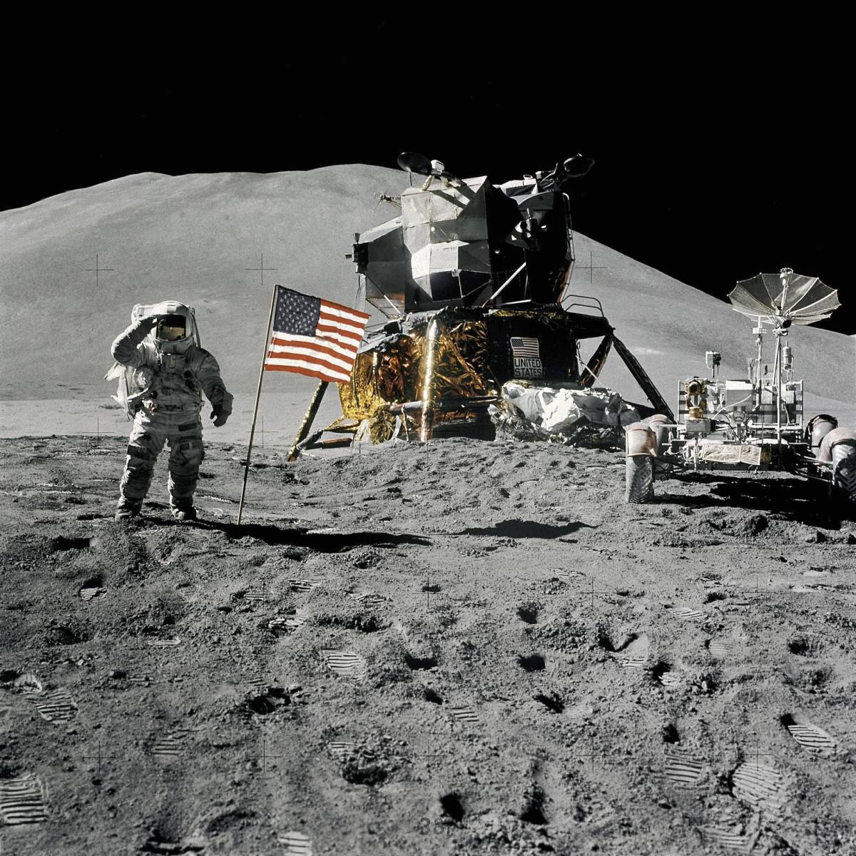 Astronauts Dave Scott and Jim Irwin landed the Apollo 15 lunar module "Falcon" at the Hadley-Apennin...