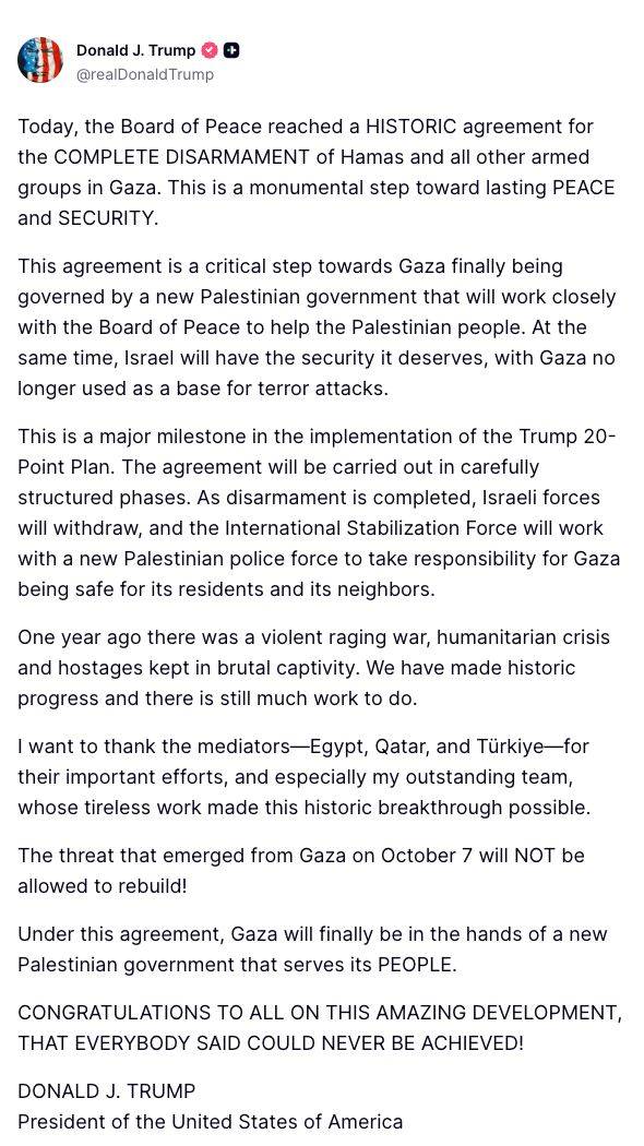 NEW: President Trump announces that the Board of Peace has reached what he called a "historic agreem...