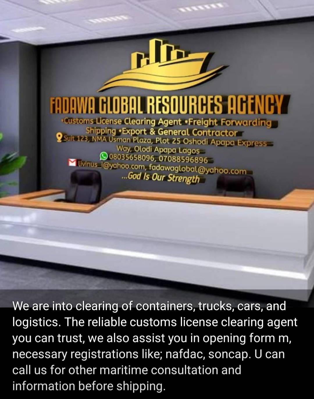 @ Fadawa Global Resources Agency, Customs Clearing made East, Fast, Reliable and Swift.