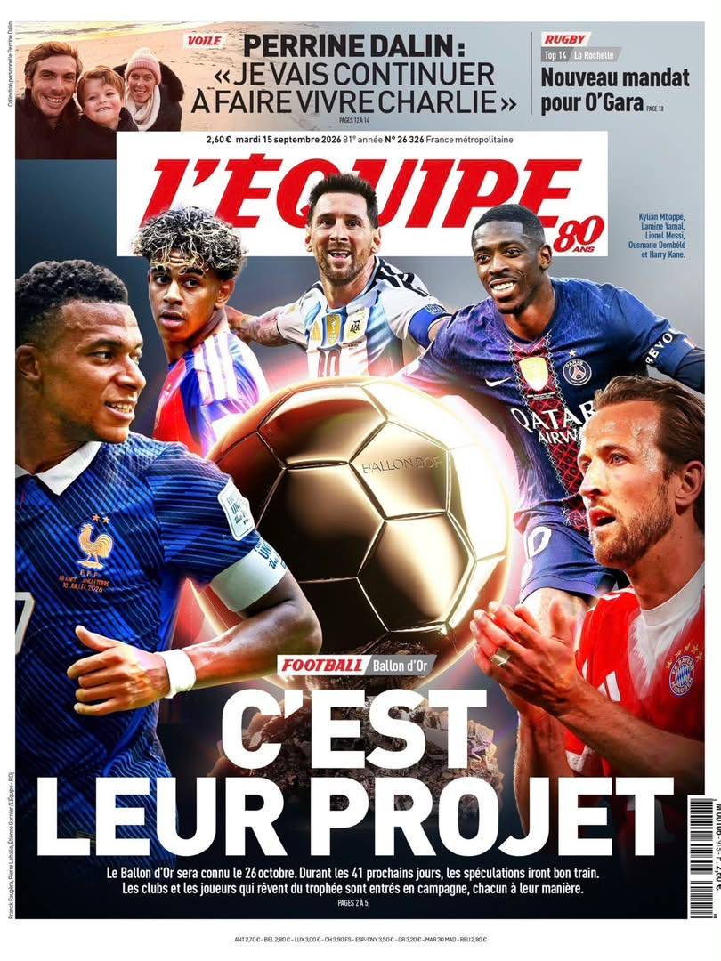 🌕🫵🏽 L’Équipe’s front page dedicated to the Ballon d’Or 2026.

🏴󠁧󠁢󠁥󠁮󠁧󠁿 Harry Kane
🇦🇷 Lionel Messi...