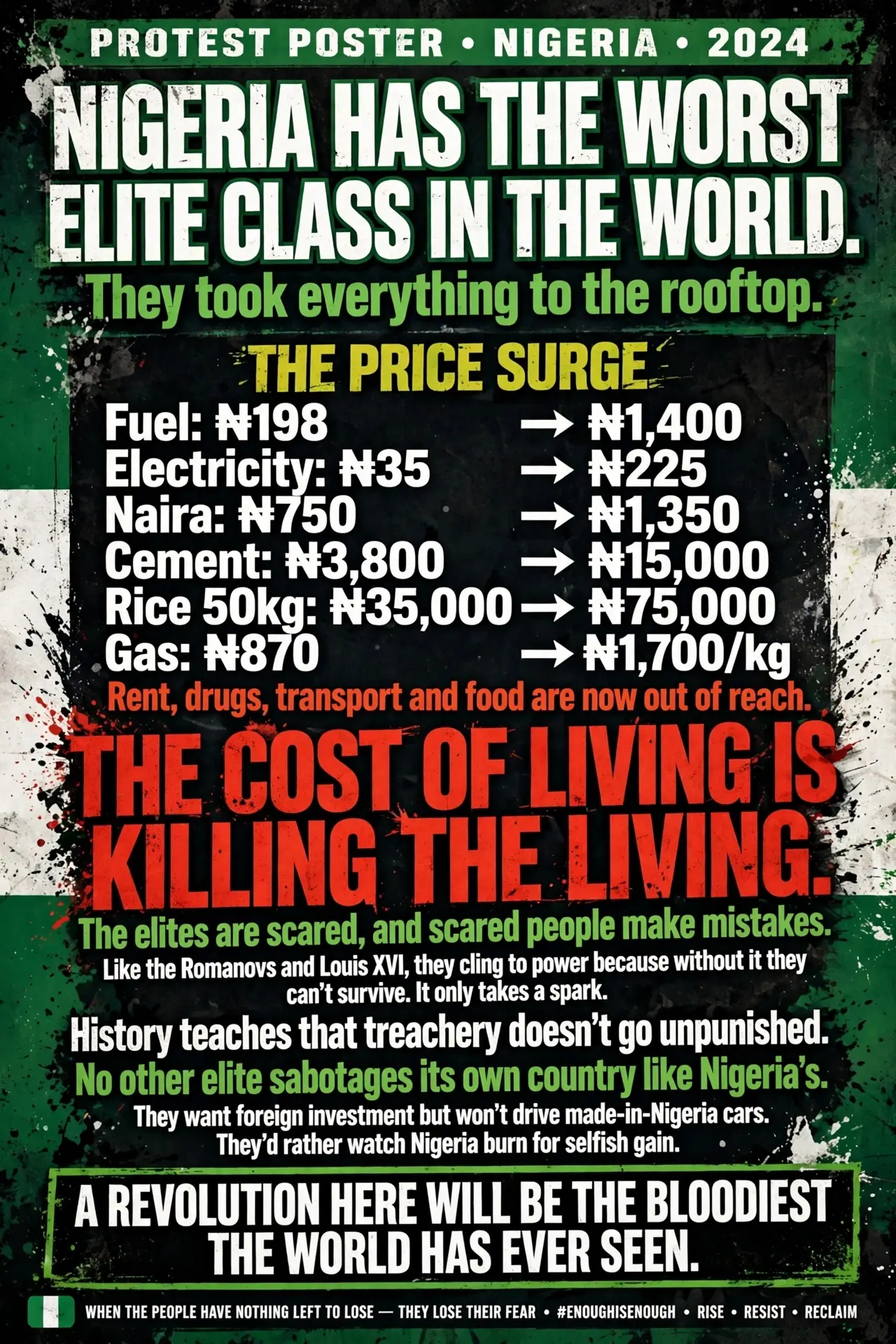Nigeria has the worst elite in the world. They took everything to the rooftop:
Fuel ₦198 → ₦1,400
E...