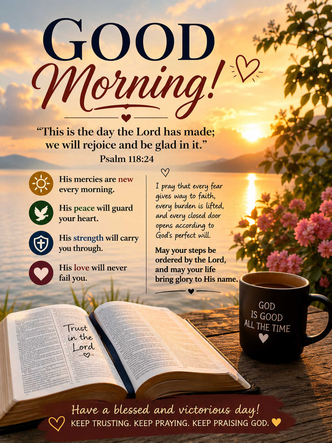 ๐
GOOD MORNING! ๐
"This is the day the Lord has made; we will rejoice and be glad in it. Psalm 11...