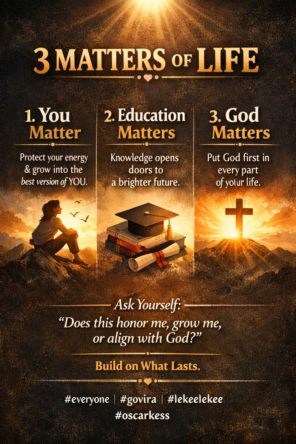 3 MATTERS OF LIFE
1. You Matter
Your dreams, peace, and growth matter. Stop shrinking to fit spaces...