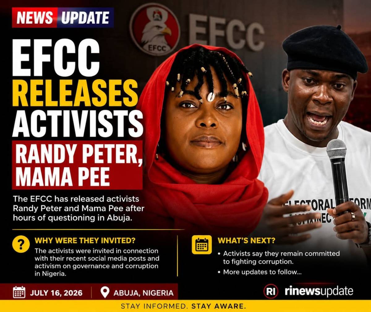 Caption:
๐๐ฅ๐๐๐๐๐ก๐: The Economic and Financial Crimes Commission (EFCC) has released activists Randy...