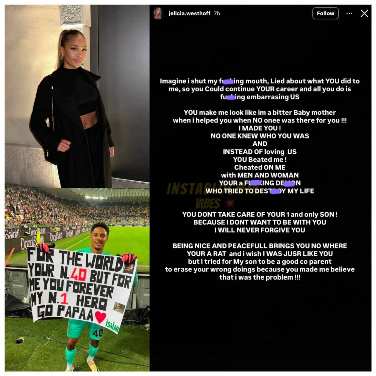 Footballer Maduka Okoye’s ex-partner, Jelicia Westhoff, publicly accuses him of cheating on her with...