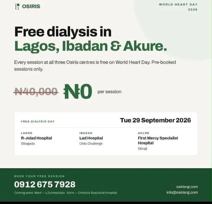 π ATTENTION!!! π
These free dialysis sessions are happening live in Lagos, Ibadan & Akure tomorrow...