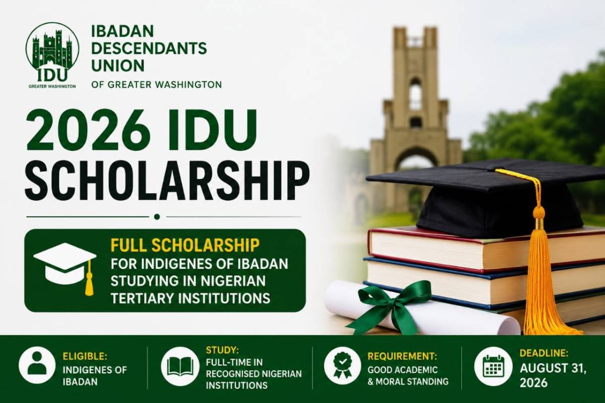 2026 Ibadan Descendants Union (IDU) Schol@rship
Applications are now open for the 2026 IDU Scholar...