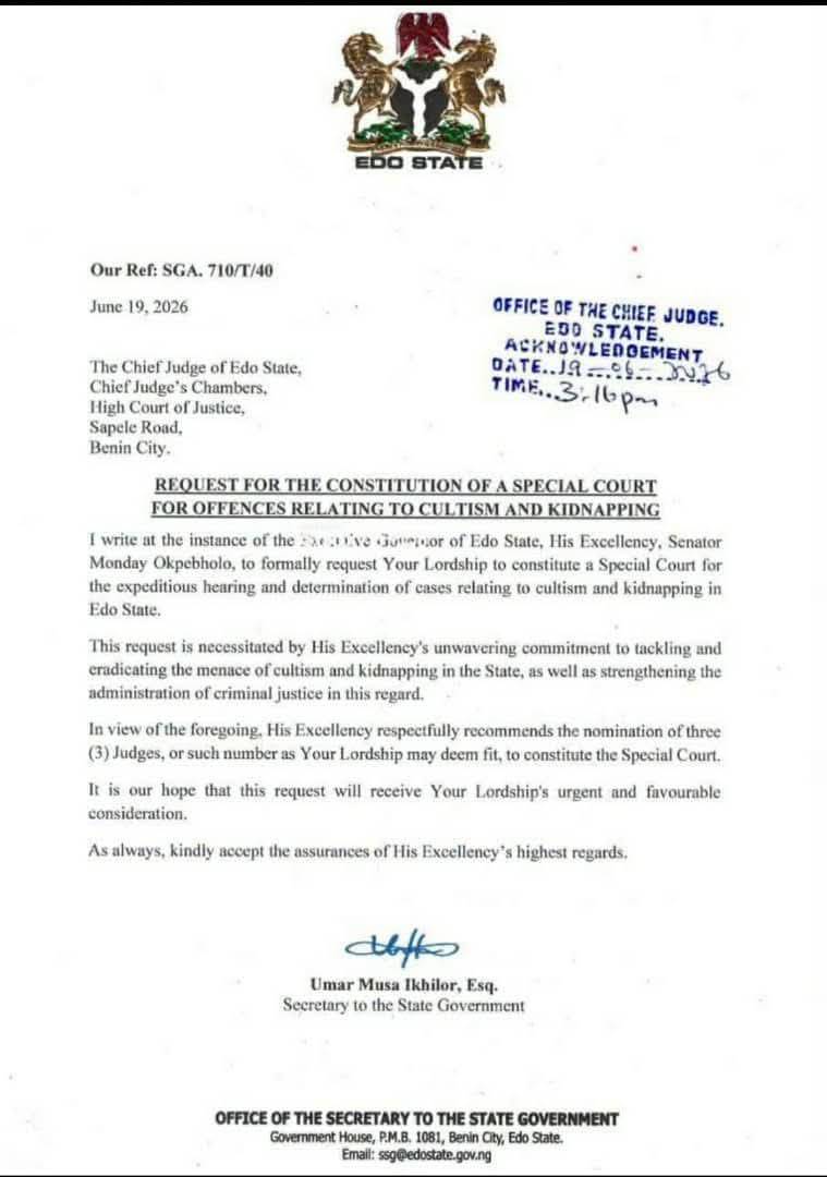 BREAKING NEWS: 🔥🔥🔥🔥Edo State Governor SENATOR MONDAY OKPEBHOLO writes the Chief judge of Edo Sta...