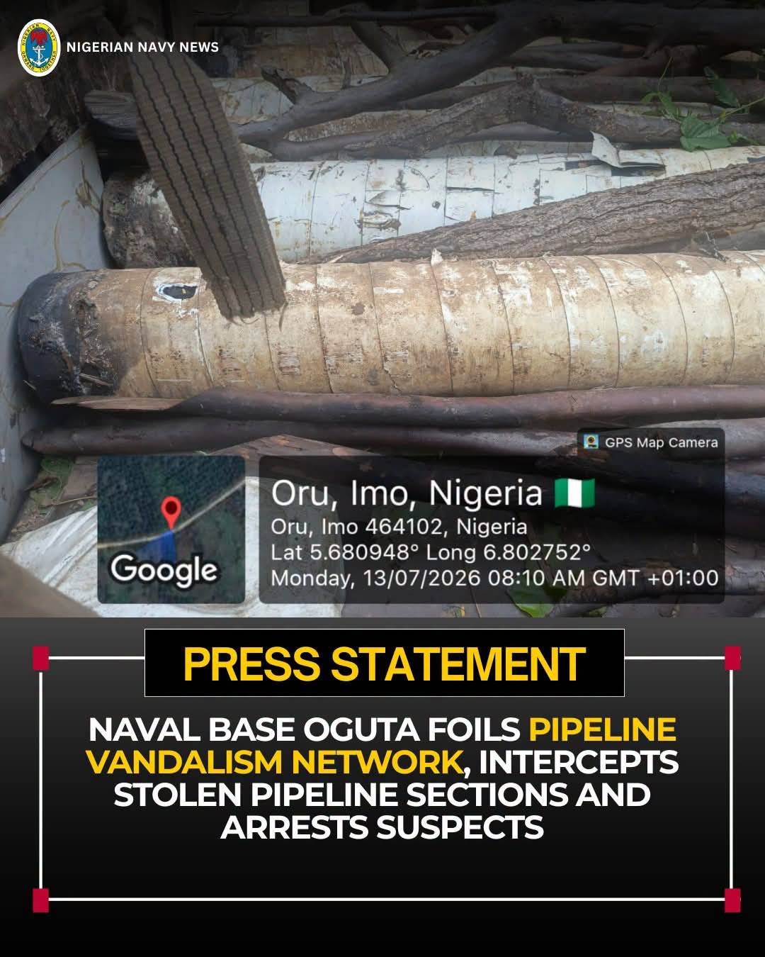 ๐ณ๐ฌ๐ข NAVAL BASE OGUTA FOILS PIPELINE VANDALISM NETWORK, INTERCEPTS STOLEN PIPELINE SECTIONS AND ARRE...