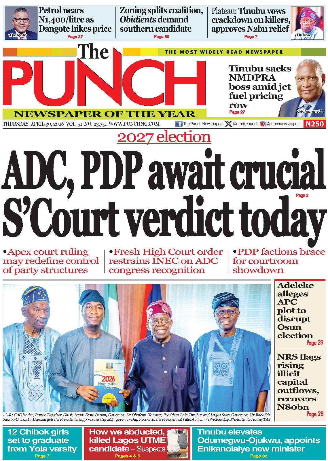 APRIL 30 - HEADLINES
