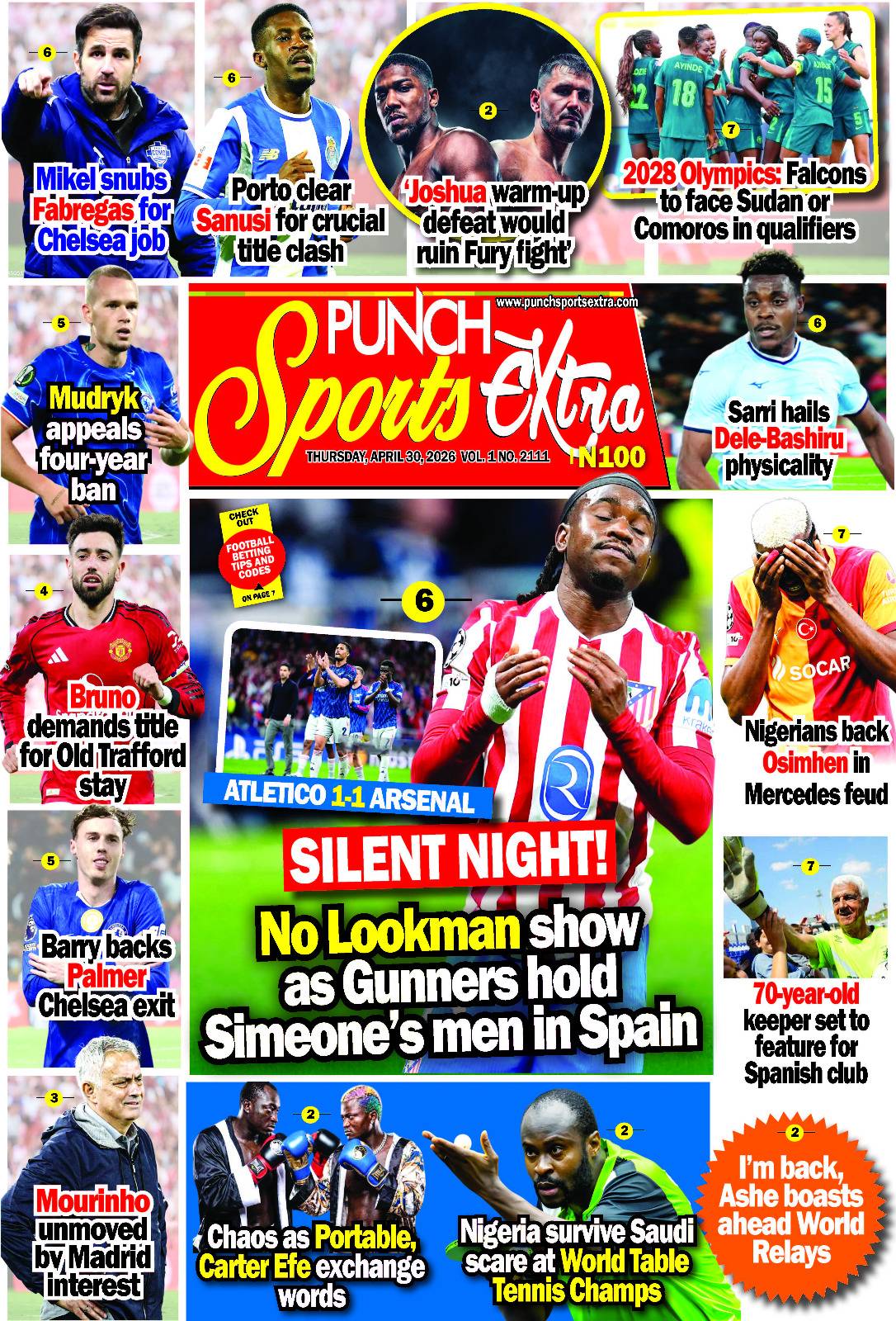 APRIL 30 - PUNCH Sports Extra Headlines