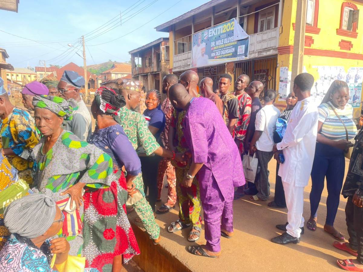 ๐๐๐๐๐๐; Voters ready for accreditation at Polling Unit 03, Amuakun Hall, Ugele/Aroku Registration Ar...