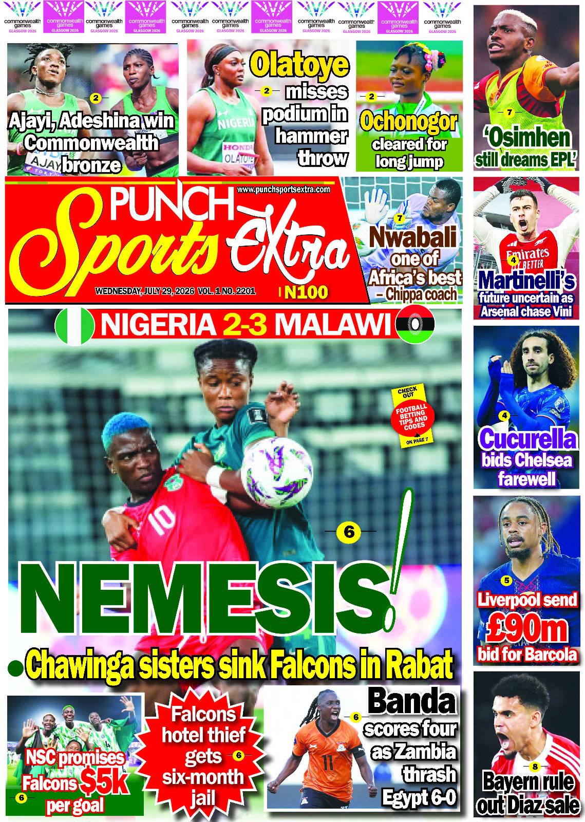 JULY 29 - PUNCH Sports Extra Headlines